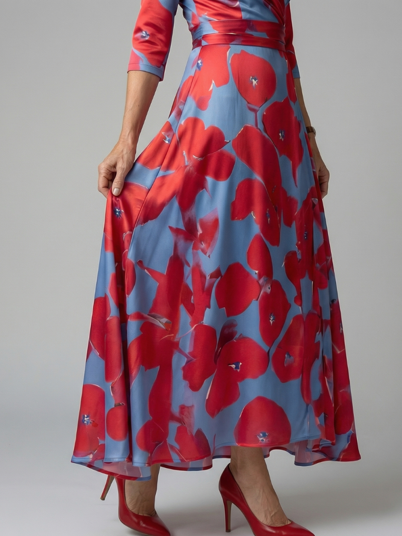 Robe Midi Cache-Cœur Fleurie Manches 3/4