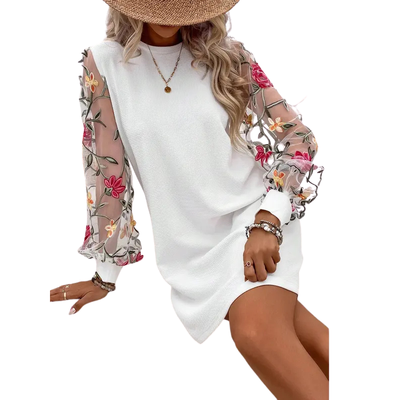Robe Courte Femme Manches Longues Brodées, Poignets Côtelés