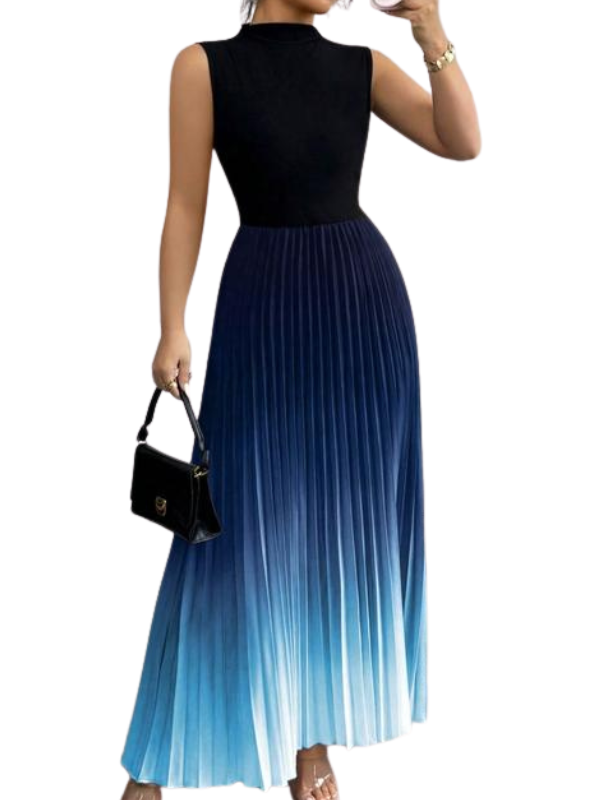 Robe Longue Plissée Femme, Col Montant Sans Manches