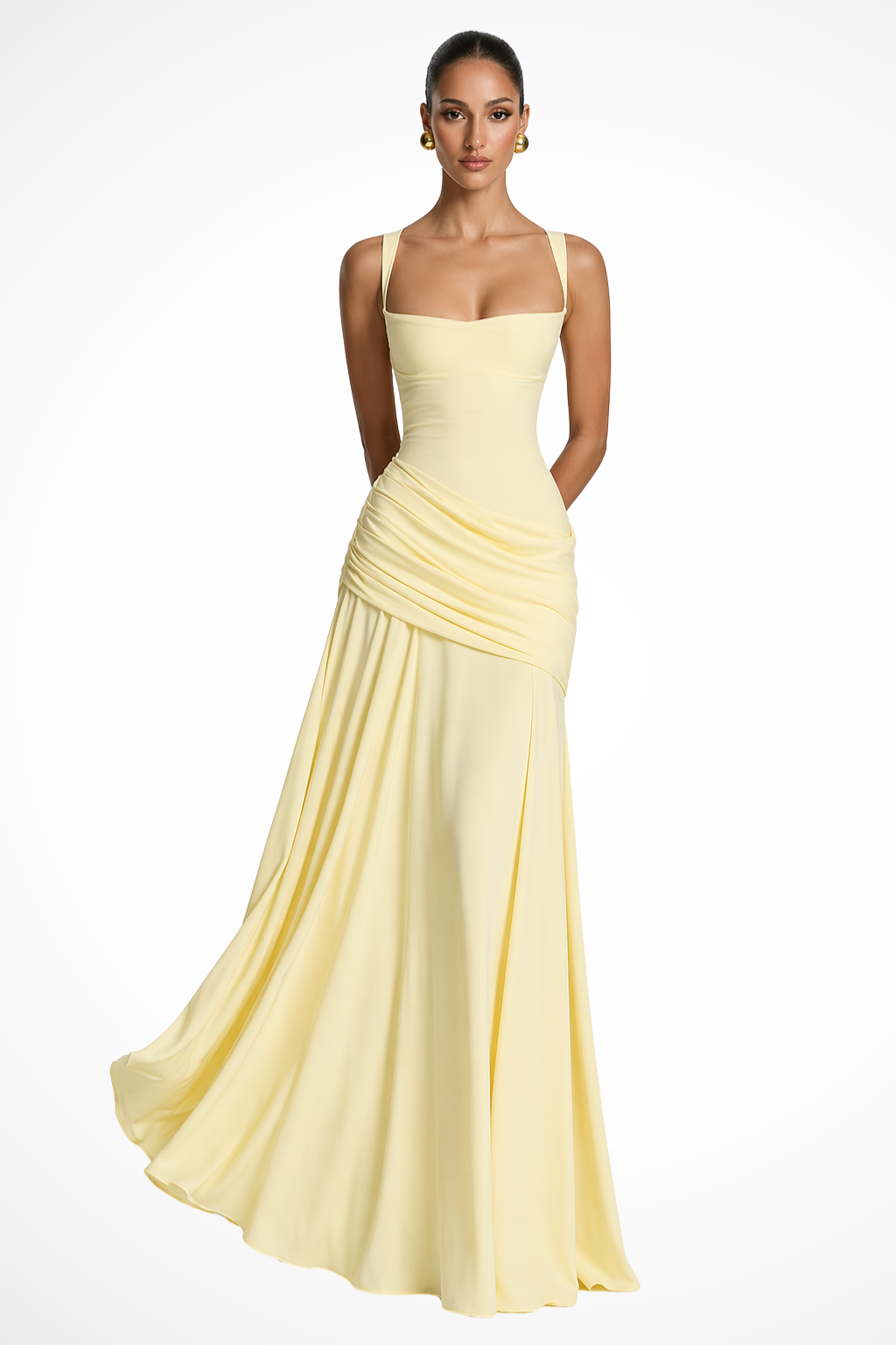 Robe Longue Femme Col Carré Froncée avec Fente Latérale