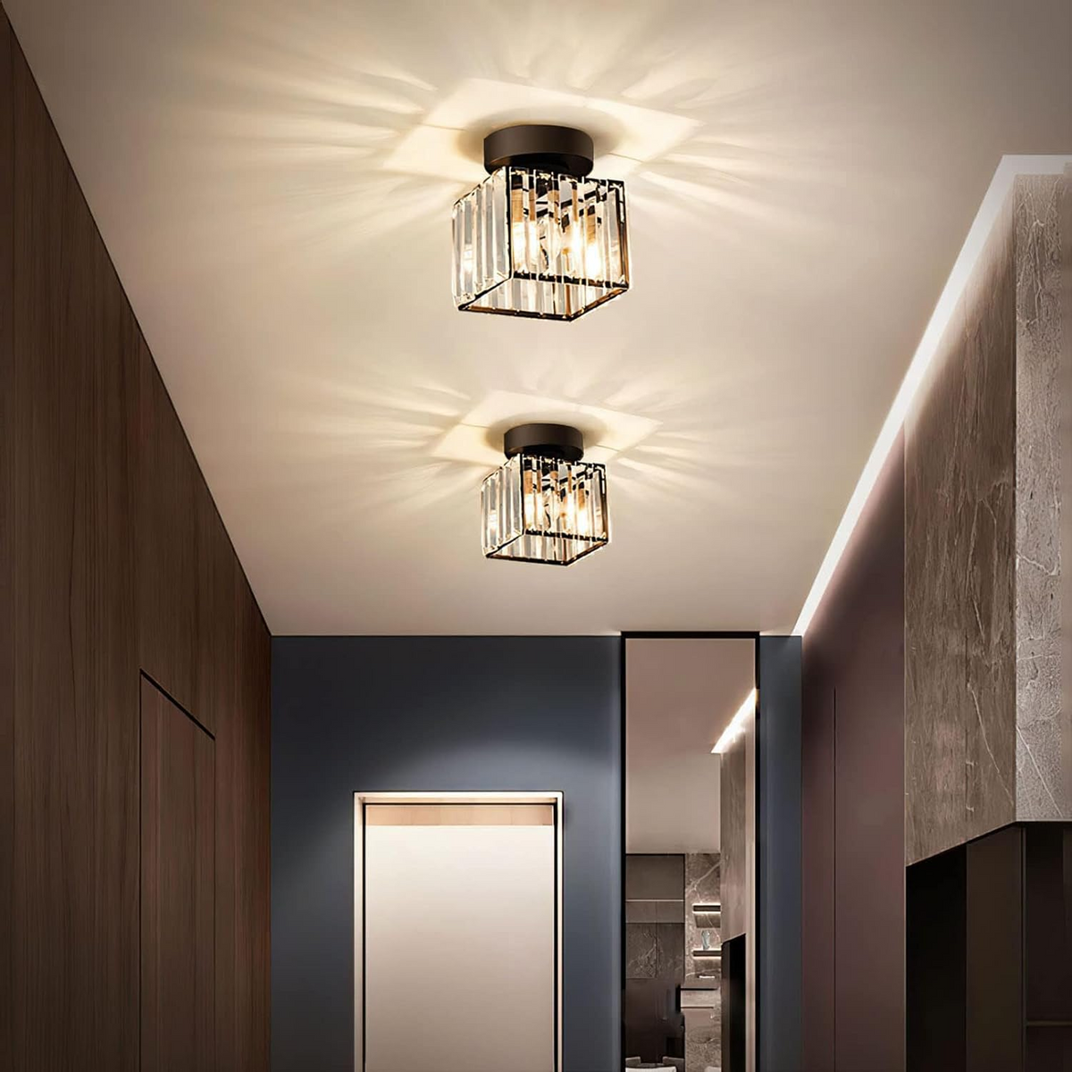 Plafonnier Design en Laiton et Cristal, Finition Noire
