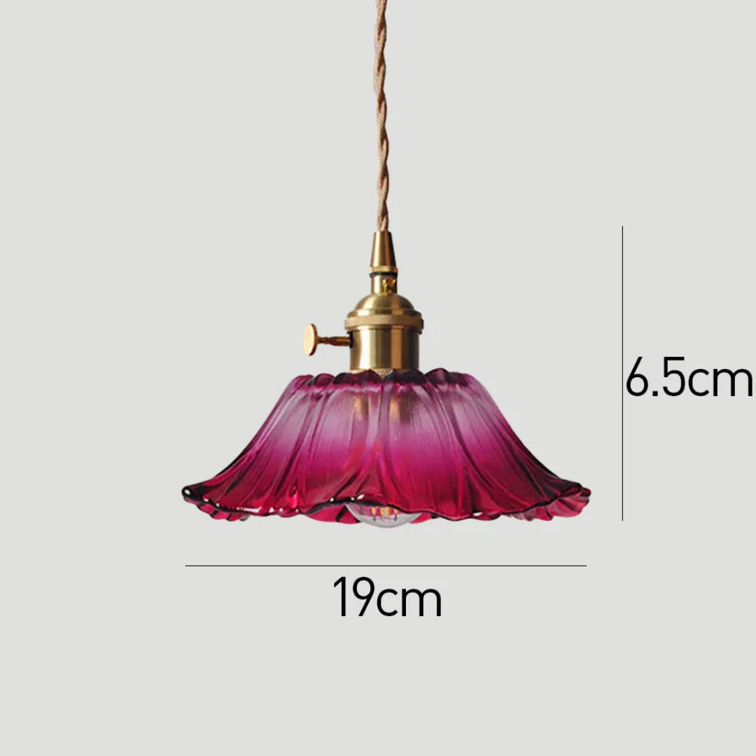 Flower-shaped pendant light – Deep red glass with a gold socket, perfect for the dining room or living room