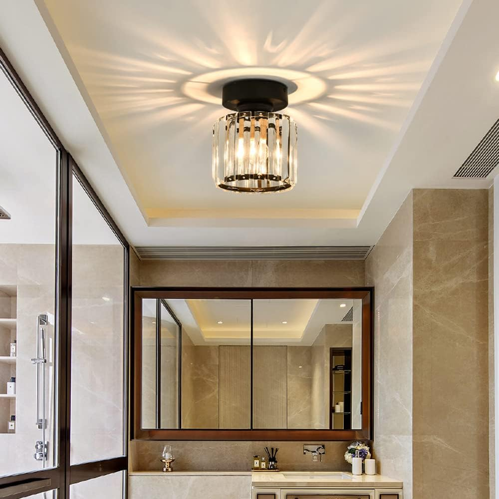 Plafonnier Design en Laiton et Cristal, Finition Noire