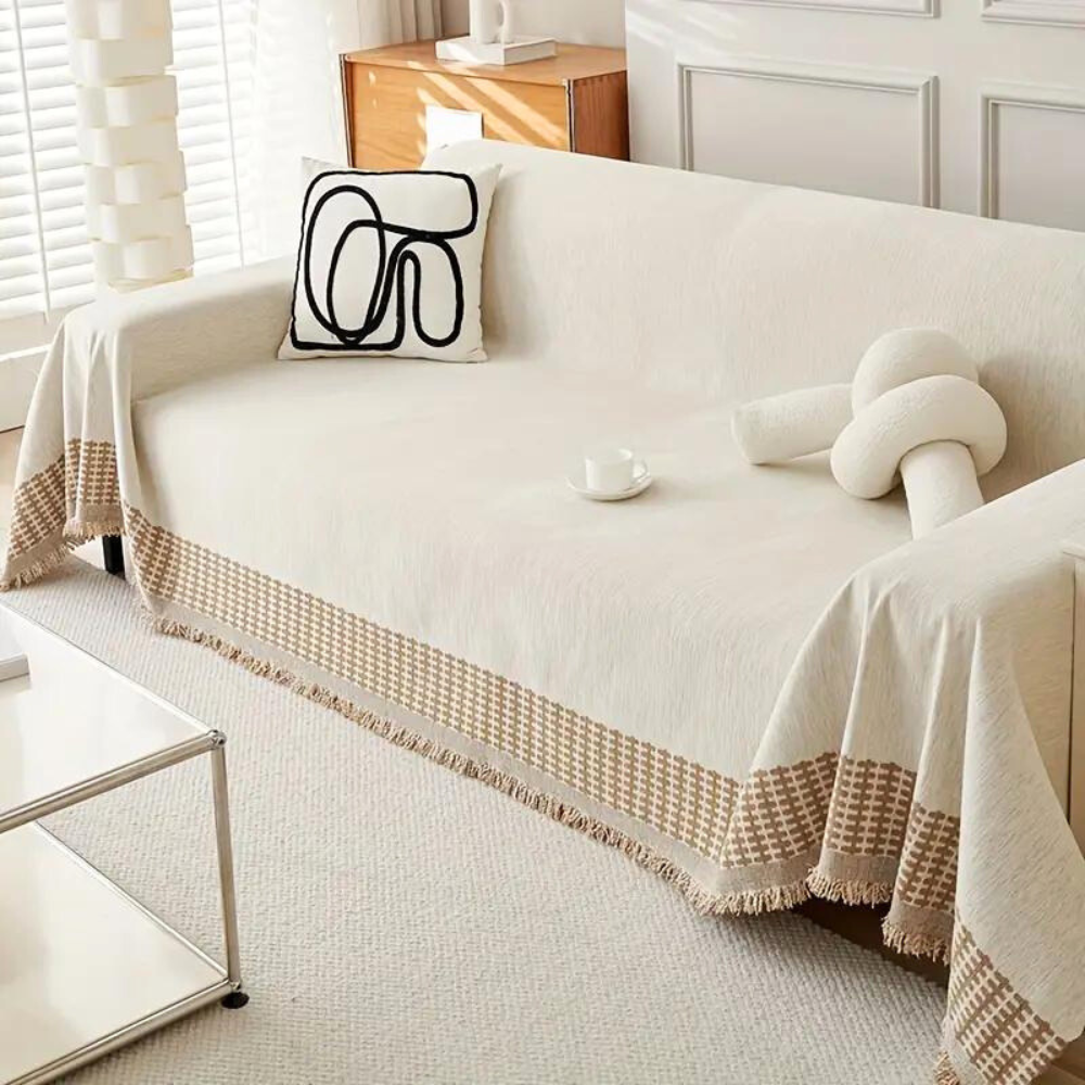 Housse de canapé – Coton chenille, design jacquard avec pampilles pour salon ou chambre