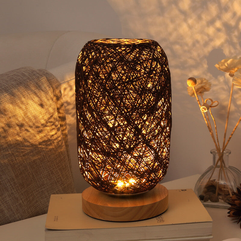 Lampe de Table en Rotin et Bois, Style Industriel Japandi