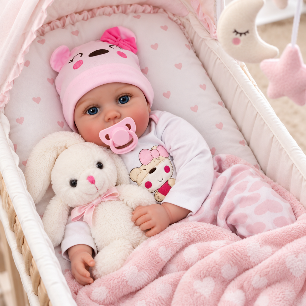 Realistic reborn newborn baby doll, 18 inch, close-up of face and soft body