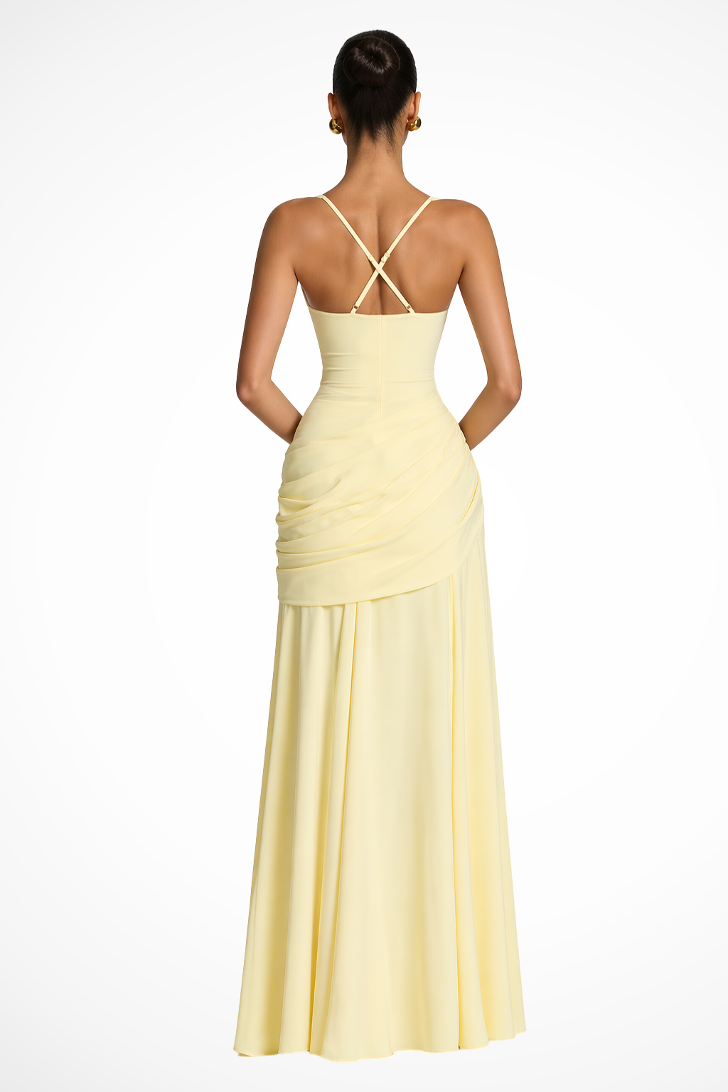 Robe Longue Femme Col Carré Froncée avec Fente Latérale