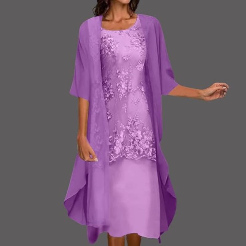 Robe Midi Dentelle Femme avec Gilet Chiffon Mariage