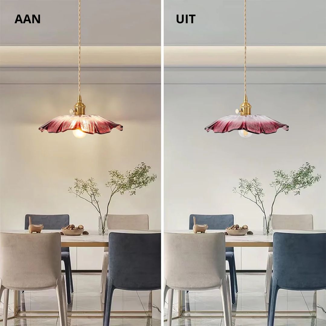 Flower-shaped pendant light – Deep red glass with a gold socket, perfect for the dining room or living room