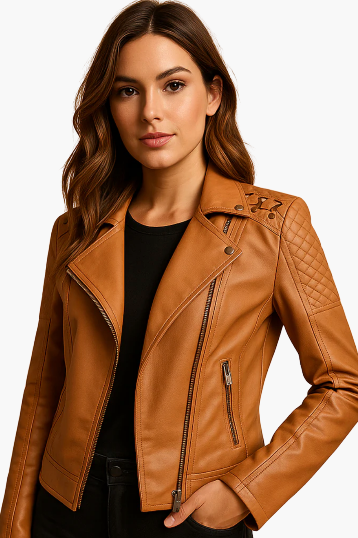 Veste biker en cuir femme, coupe ajustée style rock chic, vue de dos