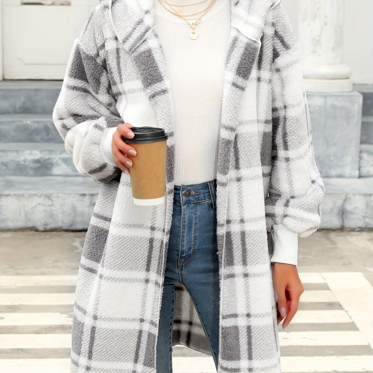 Antonia™ | Women's Plaid Hooded Open Front Longline Cardigan