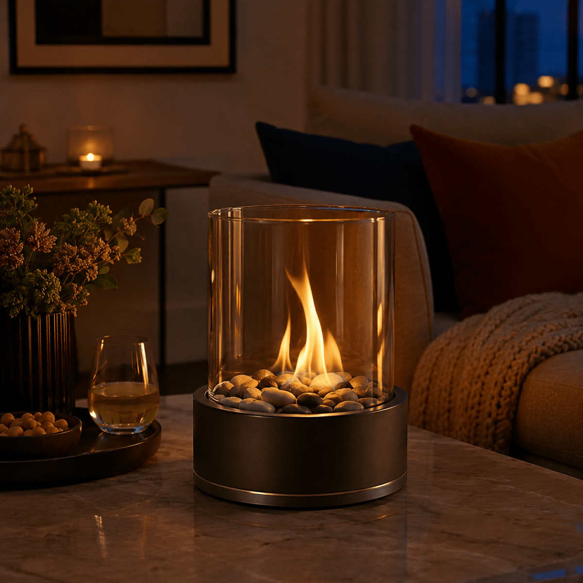 Tabletop Fireplace – Black metal with clear glass, modern and minimalist, for the living room or patio