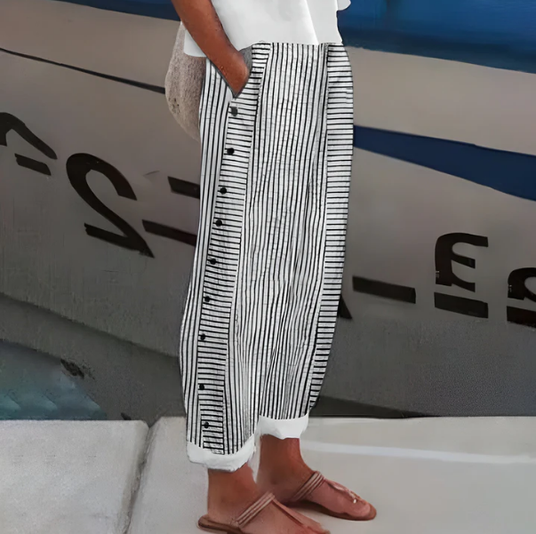 Pantalon Femme Rayé Fluide Taille Haute