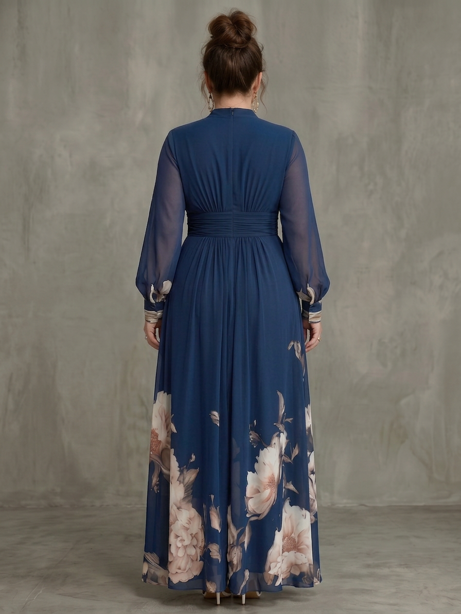 Robe Longue Femme Plissée à Manches Transparentes, Bleu Marine