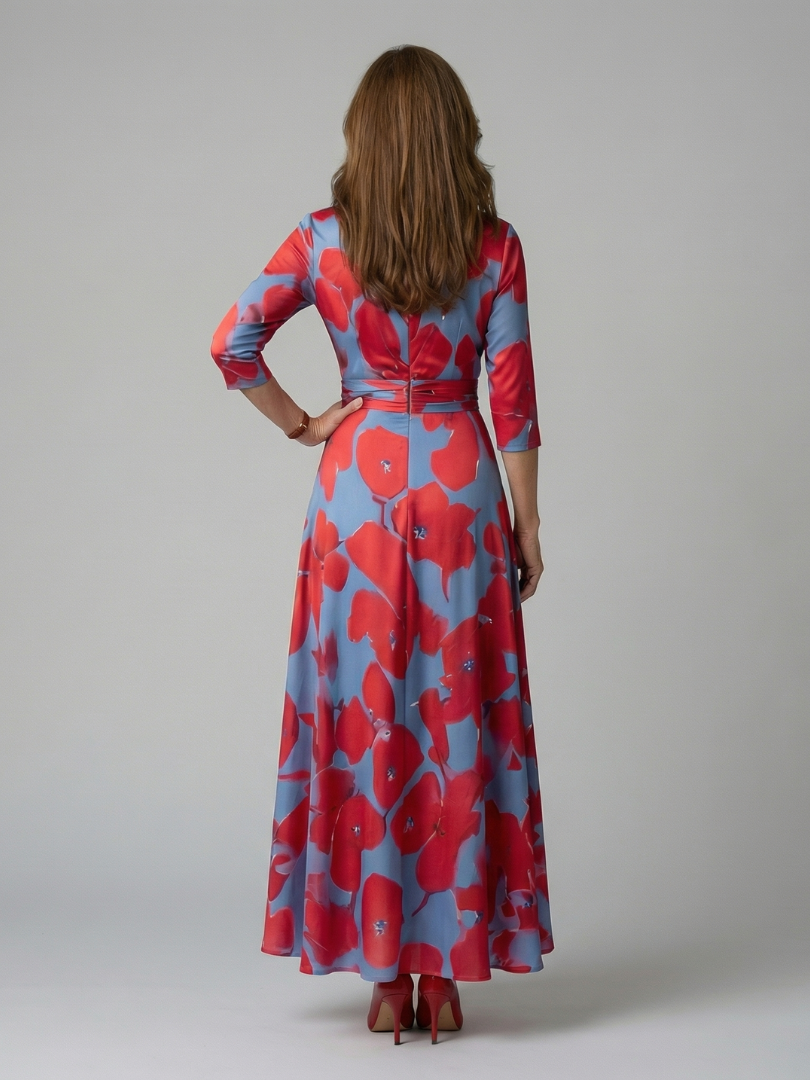Robe Midi Cache-Cœur Fleurie Manches 3/4