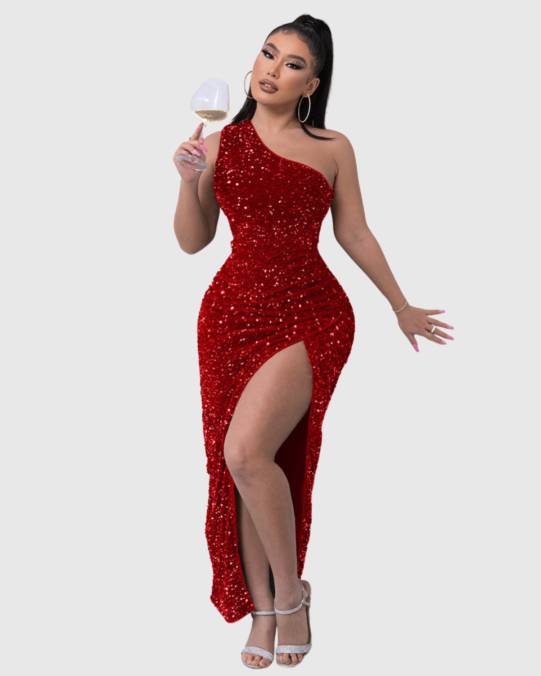 Robe de Soirée Asymétrique à Sequins Fendue Longue
