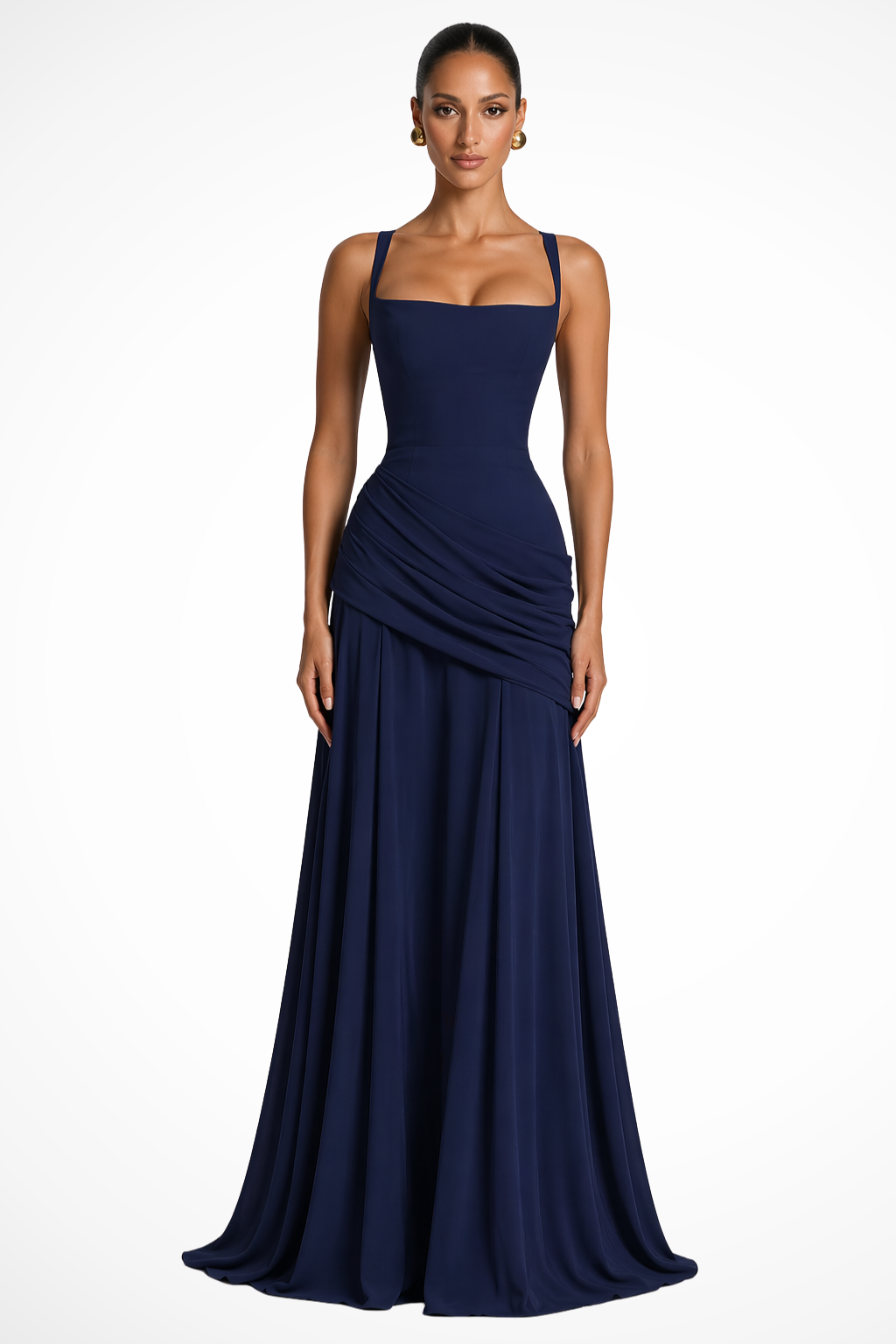 Robe Longue Femme Col Carré Froncée avec Fente Latérale