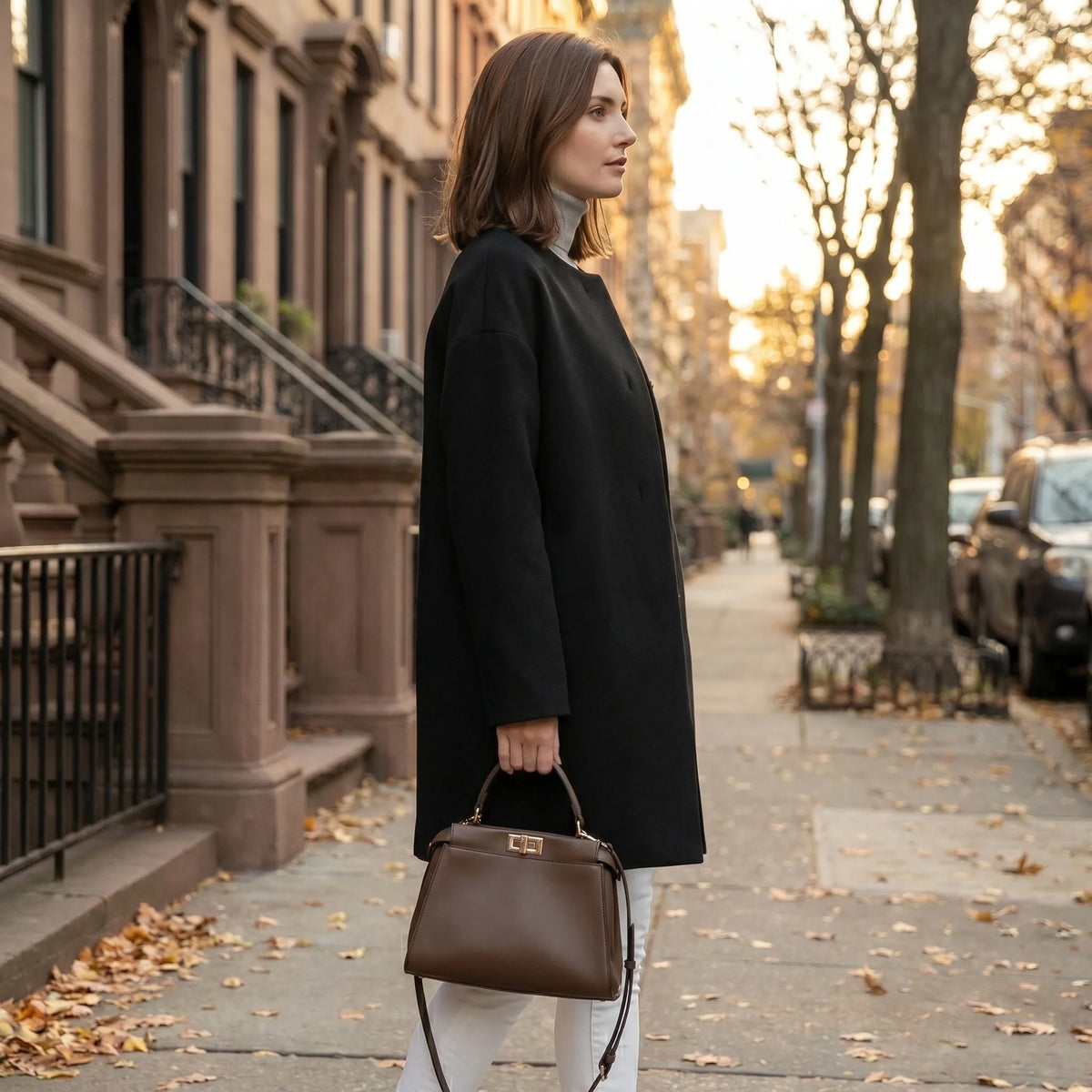 Close up of the Womens Polished Minimalist Winter Coat showing the luxurious fabric texture and precise stitching, showing its sophisticated design against a neutral background.