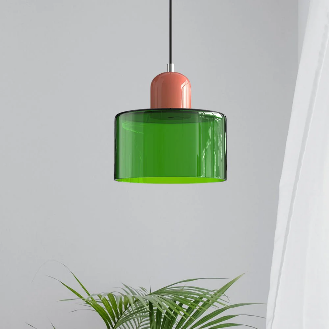 Retro pendant light – Dark green and orange glass shade for a dining table or reading nook, adjustable length up to 150 cm