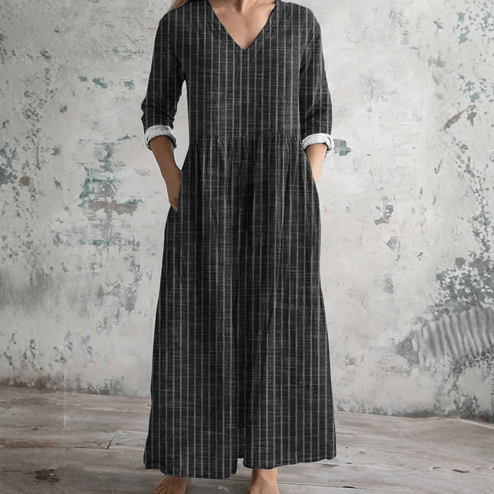 Robe Femme Rayée Col V à Manches Longues