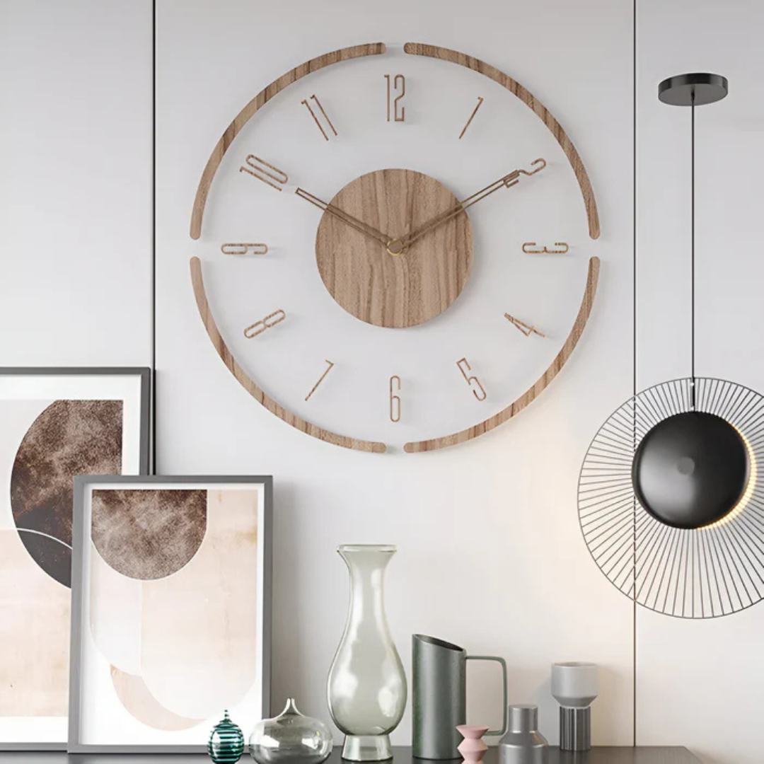 Moderne Wandklok – Transparant Acryl en Hout, Minimalistisch Design voor Woonkamer of Kantoor