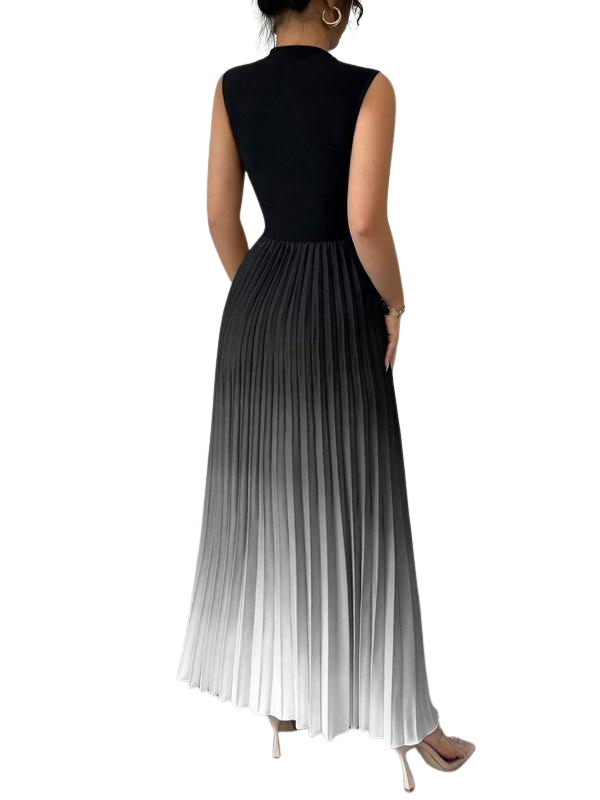 Robe Longue Plissée Femme, Col Montant Sans Manches