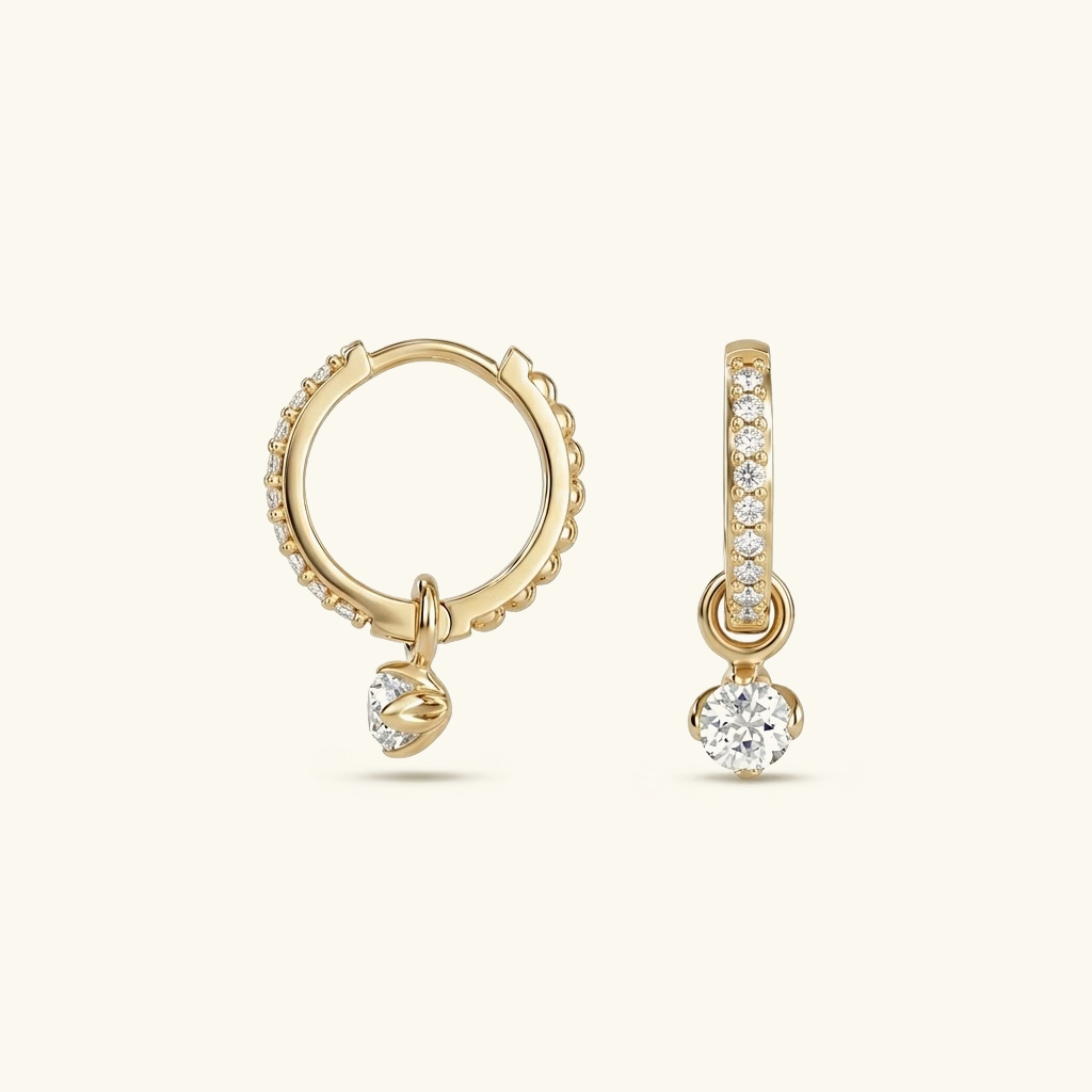 Boucles d'Oreilles Créoles Femme Plaquées Or avec Zircone et Breloque