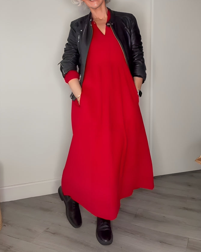 Robe Longue Femme Col V - Manches Longues en Coton