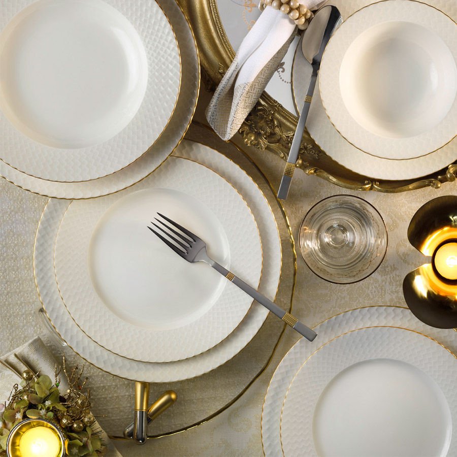 Juego de vajilla de porcelana – Blanco con detalles dorados, 24 piezas para 6 comensales, diseño moderno para la mesa del comedor