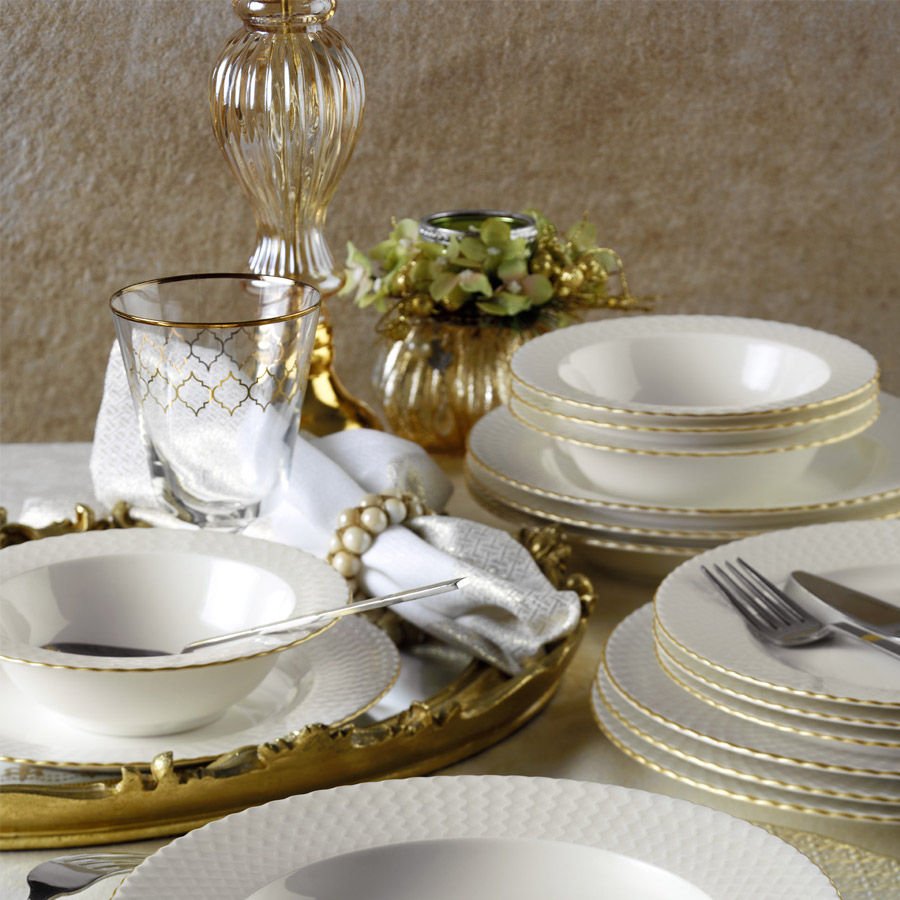 Juego de vajilla de porcelana – Blanco con detalles dorados, 24 piezas para 6 comensales, diseño moderno para la mesa del comedor