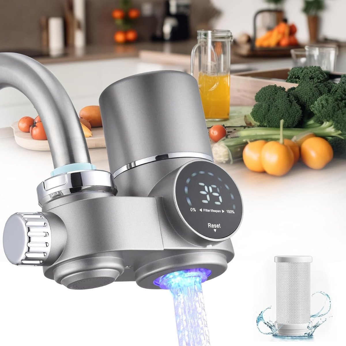 Kraanwaterfilter met LED-display – van ABS en roestvrij staal van voedingskwaliteit voor in de keuken, met twee waterstanden