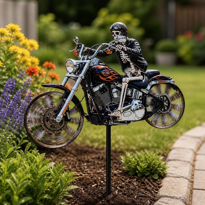 Motorrad-Windrad mit Skelett-Fahrer für Garten - Zorenza