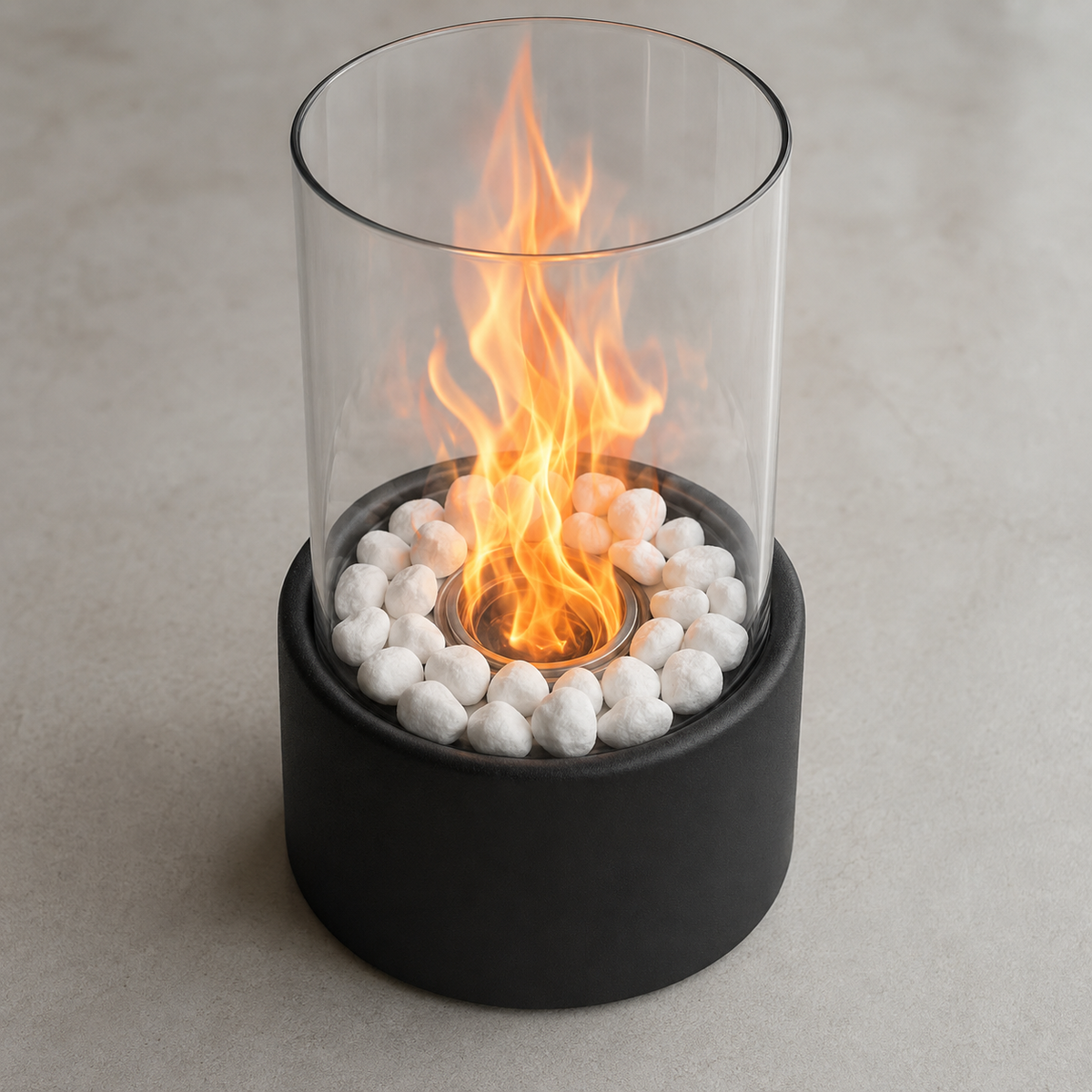 Tabletop Fireplace – Black metal with clear glass, modern and minimalist, for the living room or patio