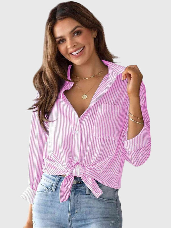 Chemise Femme Rayée Col Chemise Nouée Devant