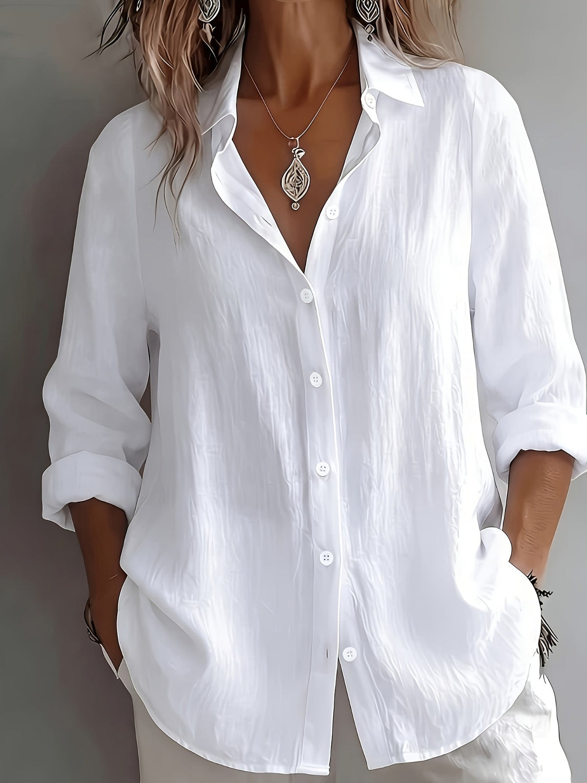 Chemise Femme en Lin à Col Revers et Manches Longues