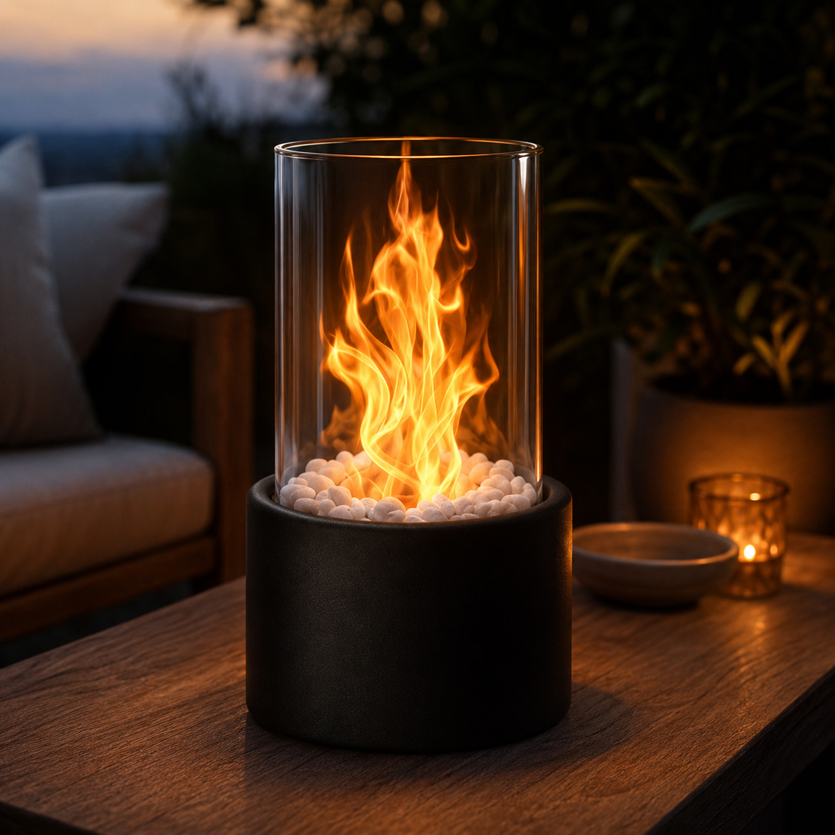 Tabletop Fireplace – Black metal with clear glass, modern and minimalist, for the living room or patio