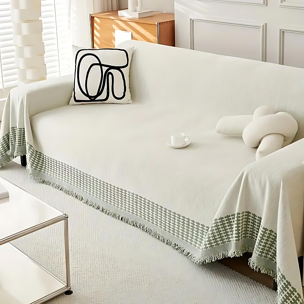 Housse de canapé – Coton chenille, design jacquard avec pampilles pour salon ou chambre