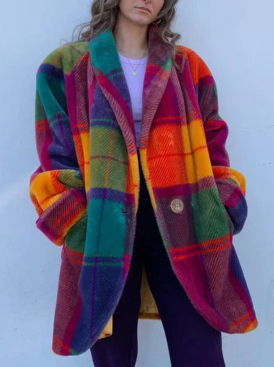 Manteau Femme Oversize à Carreaux, Long en Polyester