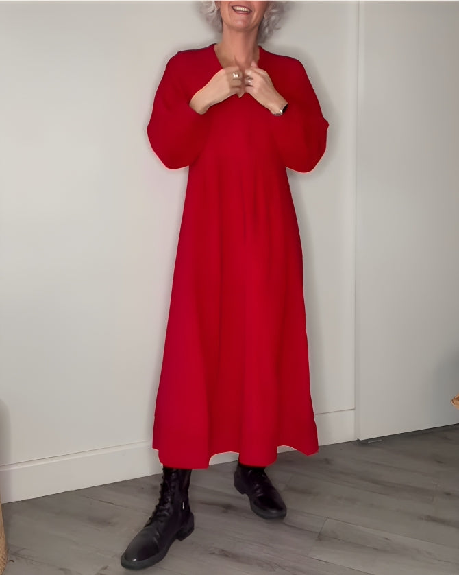 Robe Longue Femme Col V - Manches Longues en Coton