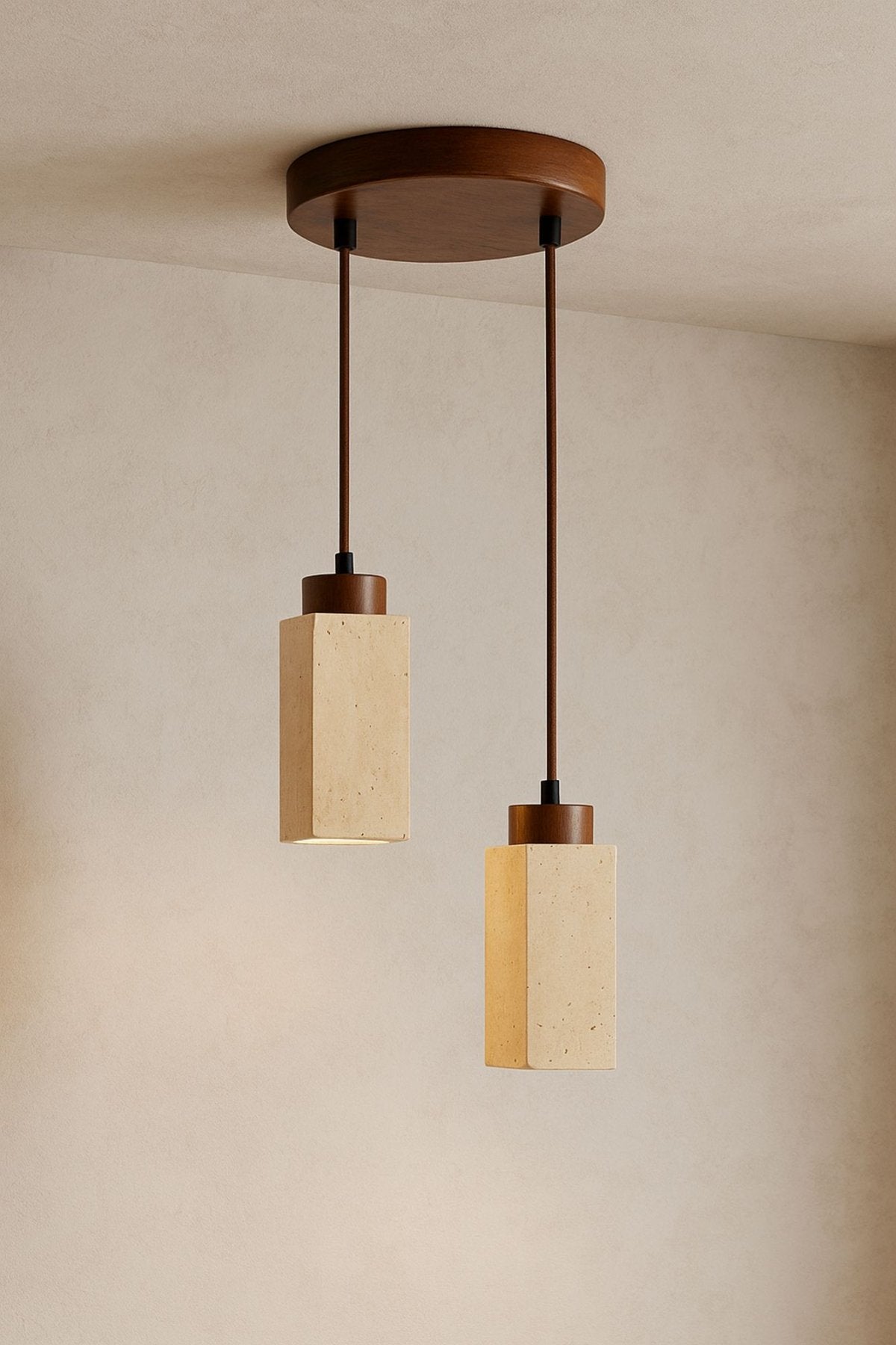 Pendant Light – Walnut and Travertine, Minimalist Block Design for Dining Room or Living Room