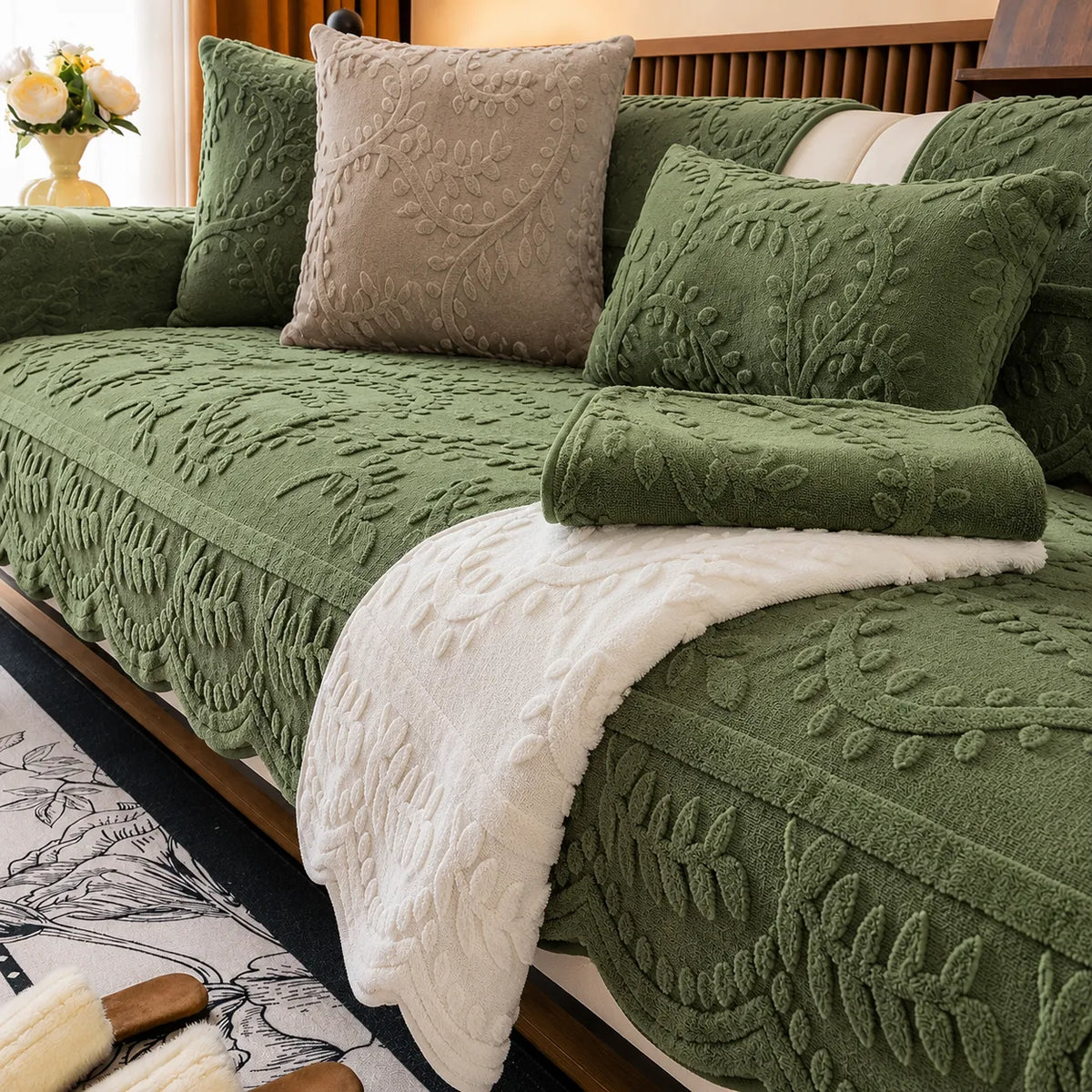 Housse de Canapé en Peluche Antidérapante à Motif Botanique Gaufré