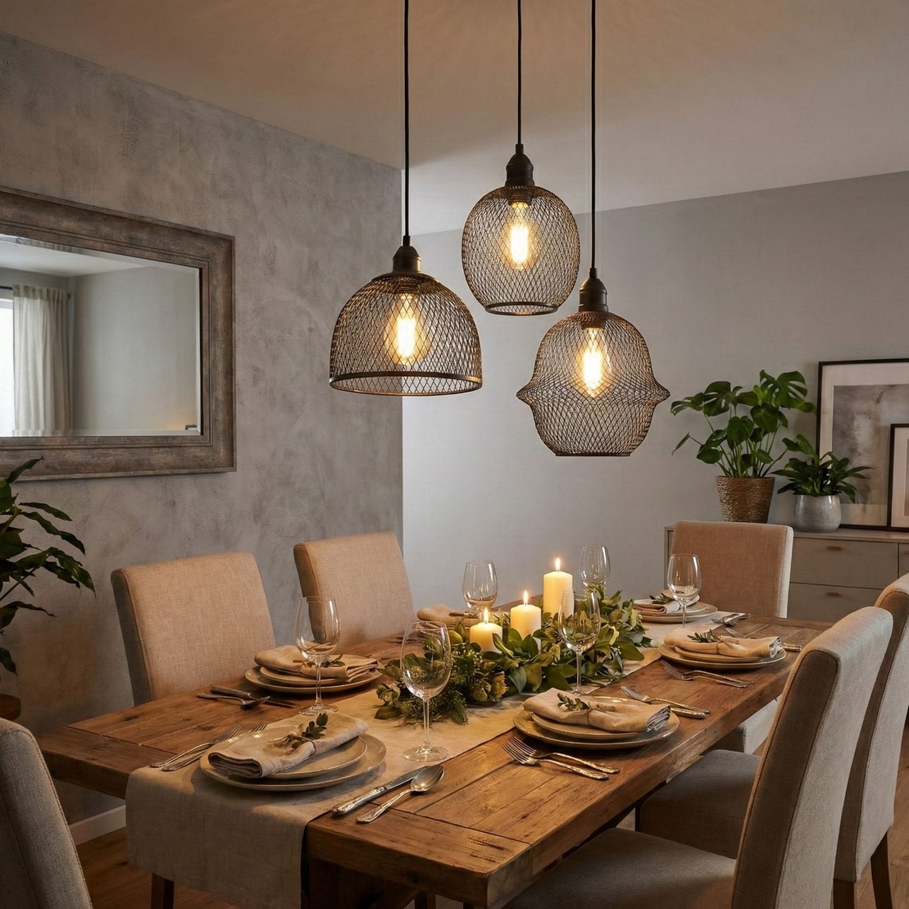 Pendant Light – Black Metal with Mesh Frame, 3-Light Design for the Living Room or Dining Room