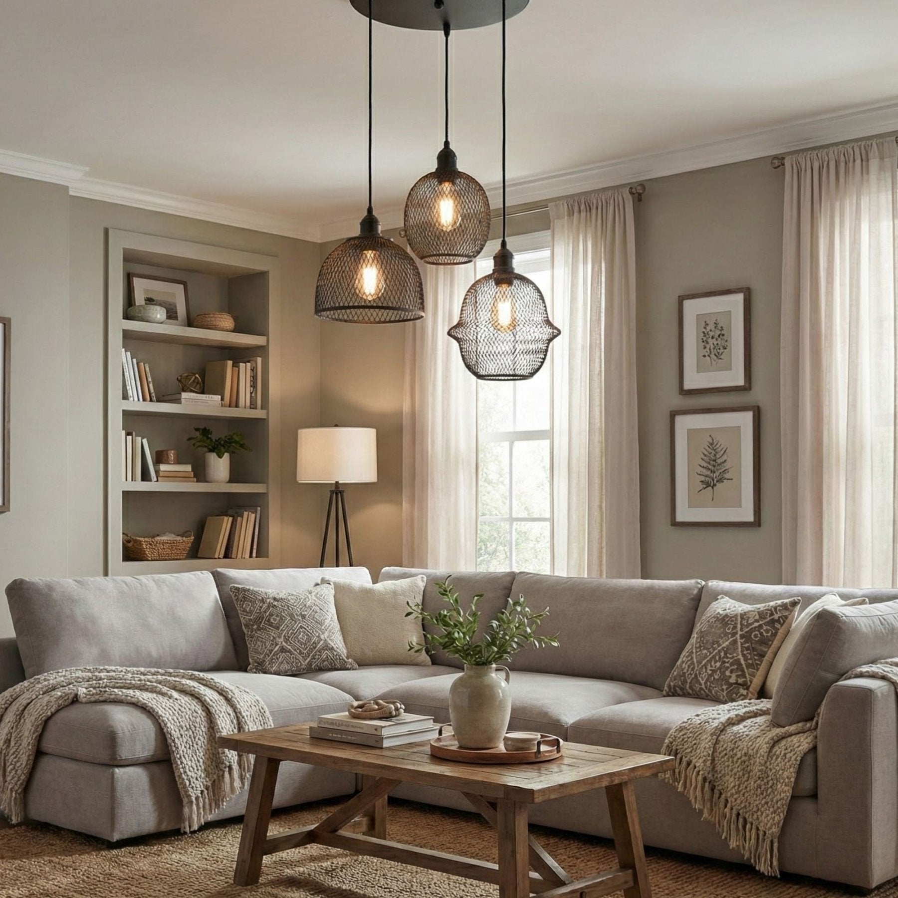 Pendant Light – Black Metal with Mesh Frame, 3-Light Design for the Living Room or Dining Room