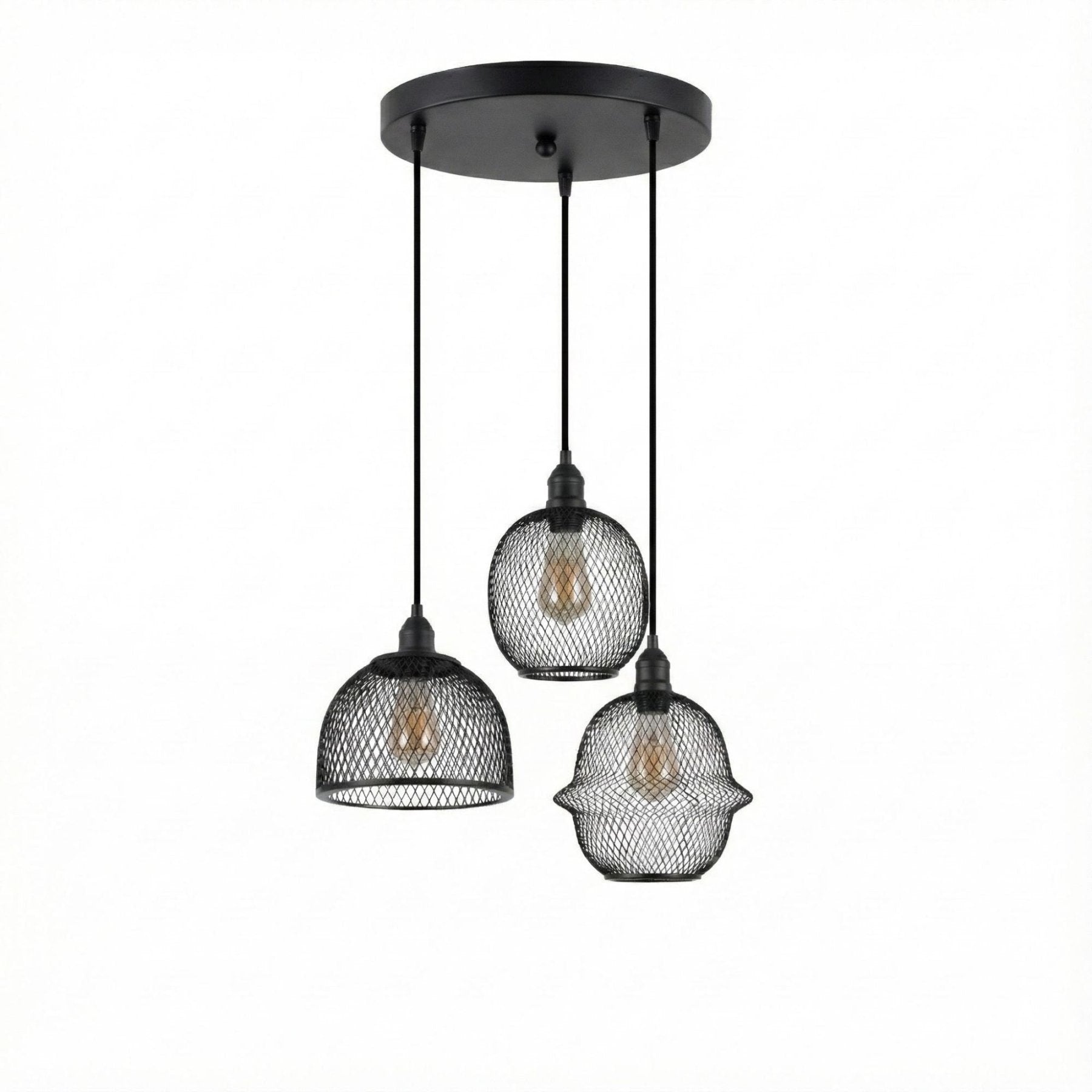 Pendant Light – Black Metal with Mesh Frame, 3-Light Design for the Living Room or Dining Room