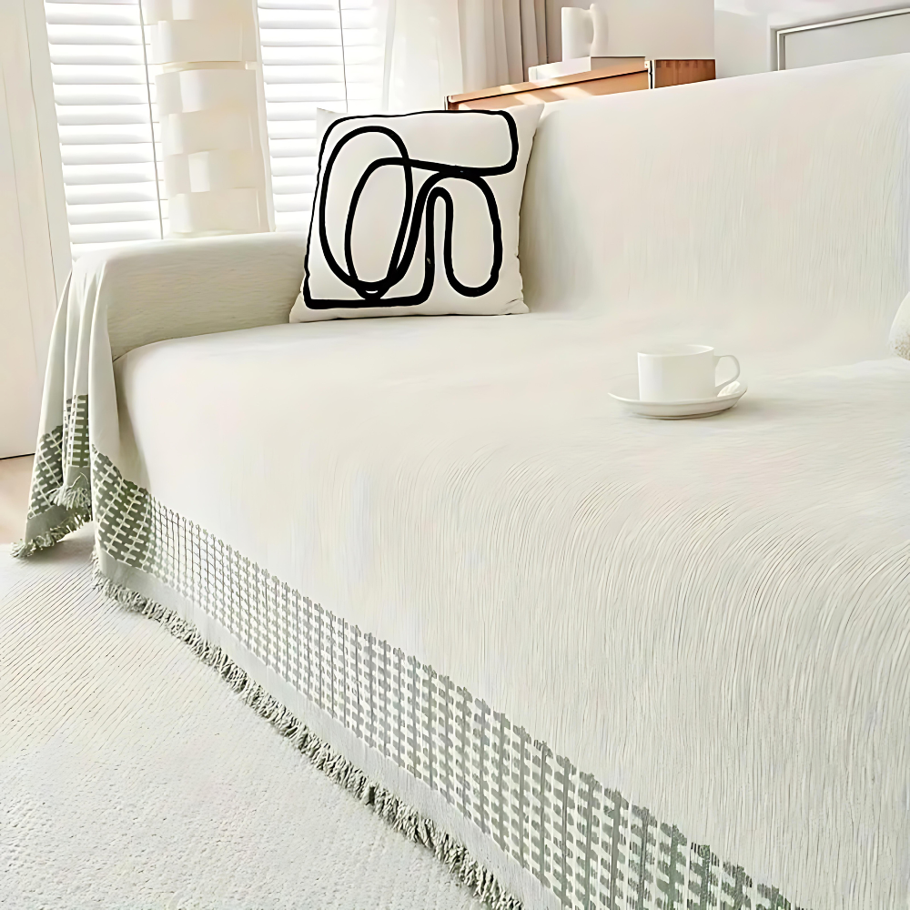 Housse de canapé – Coton chenille, design jacquard avec pampilles pour salon ou chambre