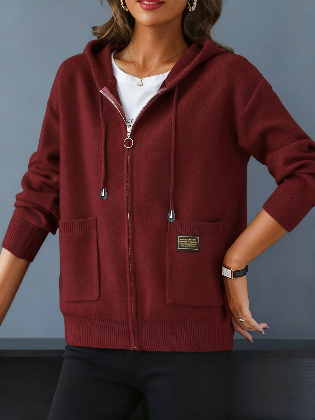 Sidonie™ | Women's Zip Up Hooded Knit Cardigan with Pockets