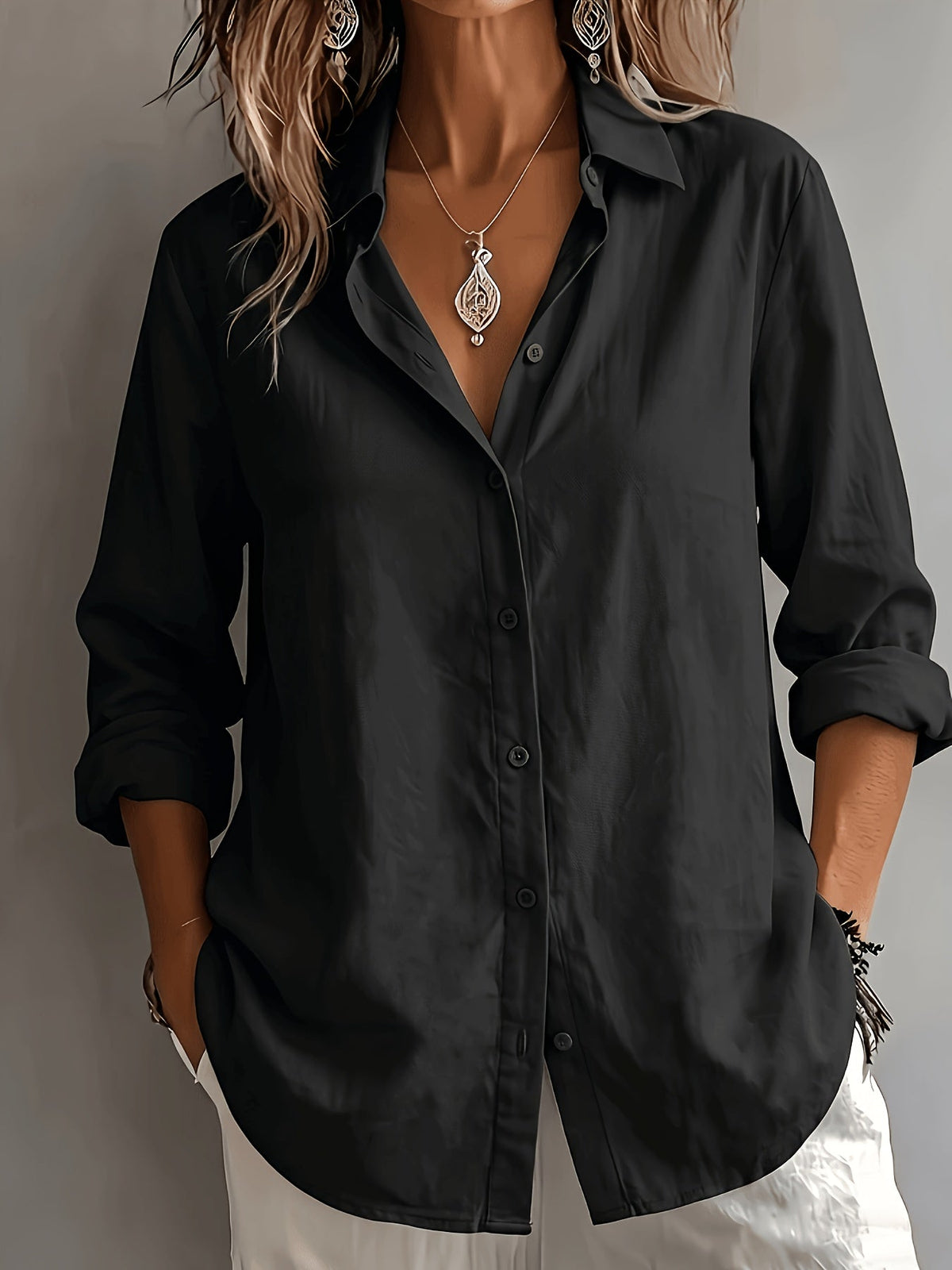 Chemise Femme en Lin à Col Revers et Manches Longues