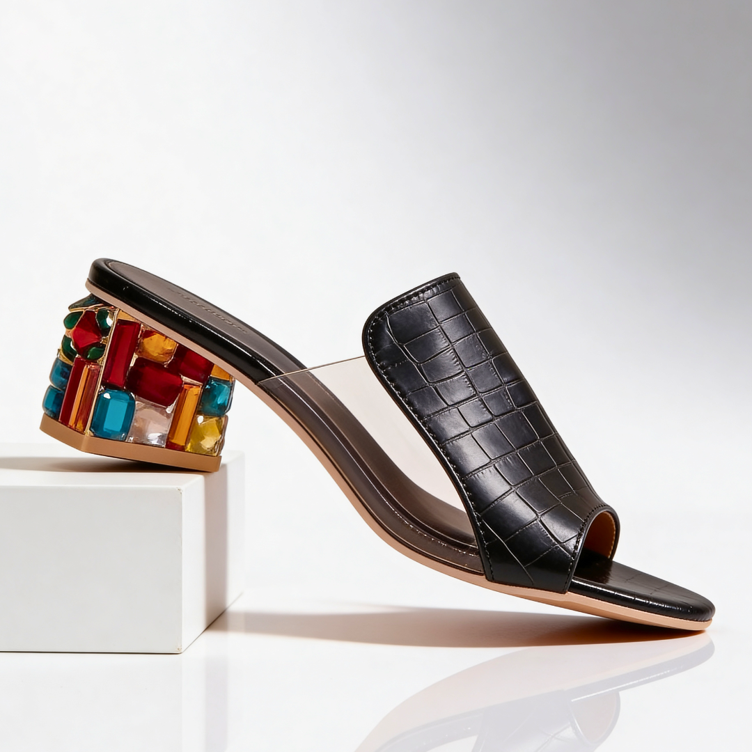 Mules Talon Bijou Femme - Talon Bloc Strass Multicolore
