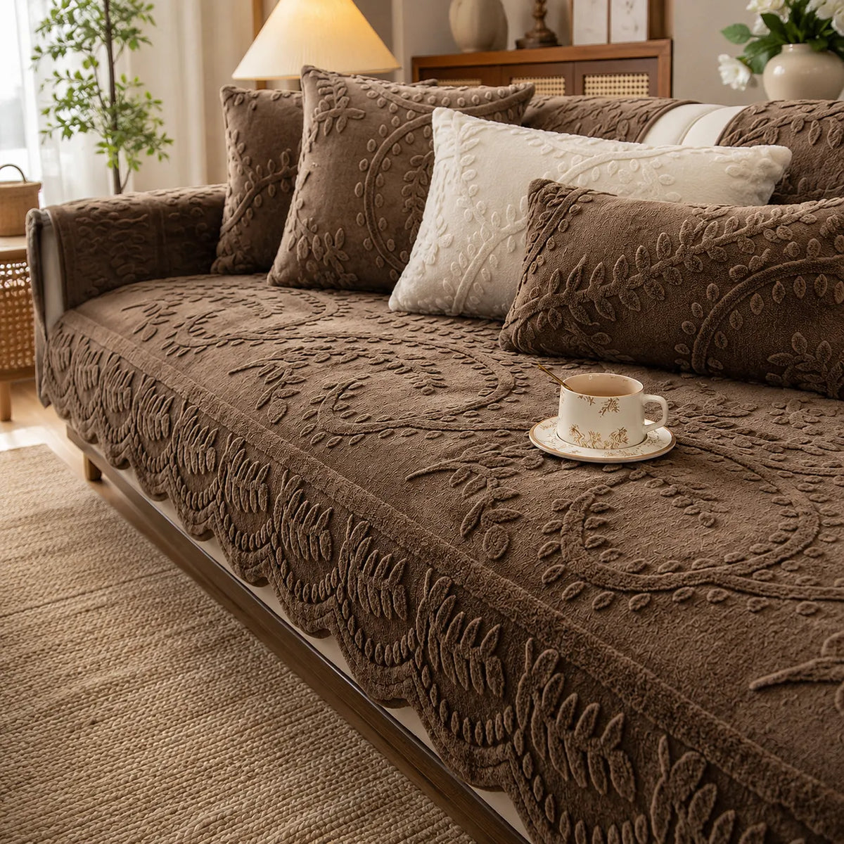 Housse de Canapé en Peluche Antidérapante à Motif Botanique Gaufré
