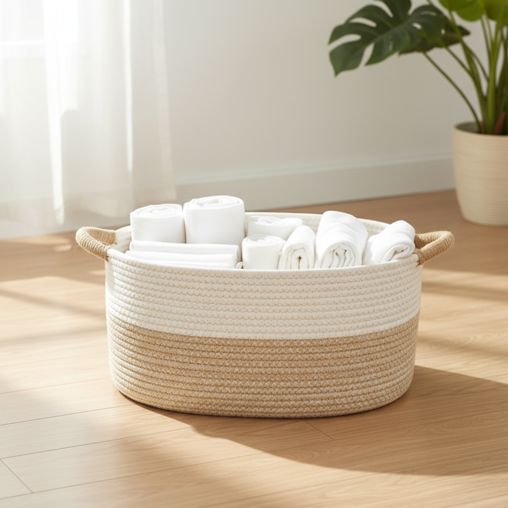 Gevlochten Opbergmand – Katoenen Touw, Natuurlijk Beige voor Badkamer of Kinderkamer Decoratie